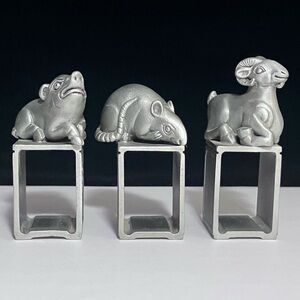 3 TUMASEK PEWTER Napkin Holders / CHINESE ZODIAC / Rat, BOAR, Goat / MALAYSIAN